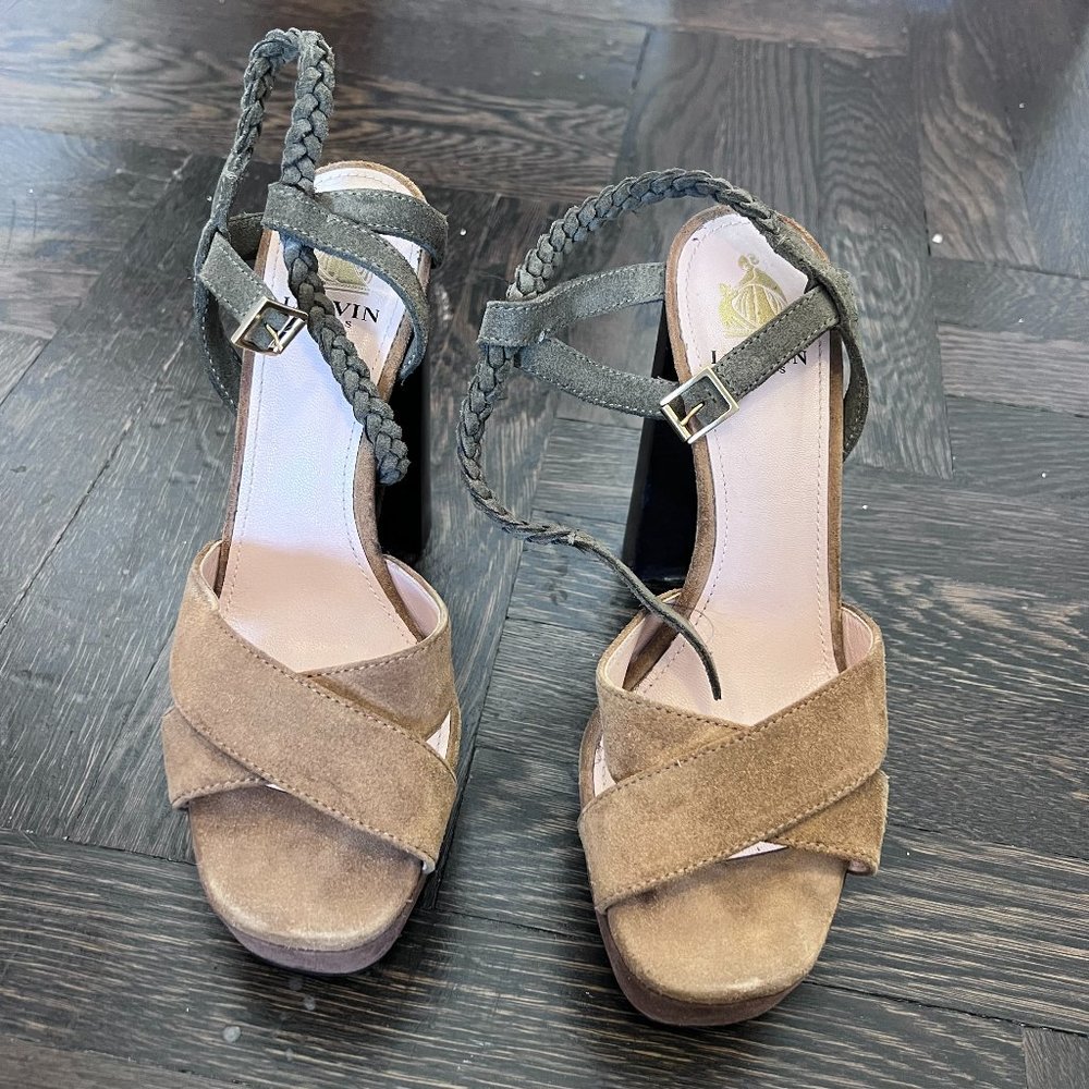 Lanvin Tan/Brown & Olive Green Suede Platform Heels - size 39.5